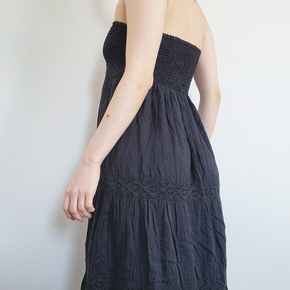 Vintage Y2K goth summer black tiered strapless maxi dress with lace cutouts - Picture 5 of 14